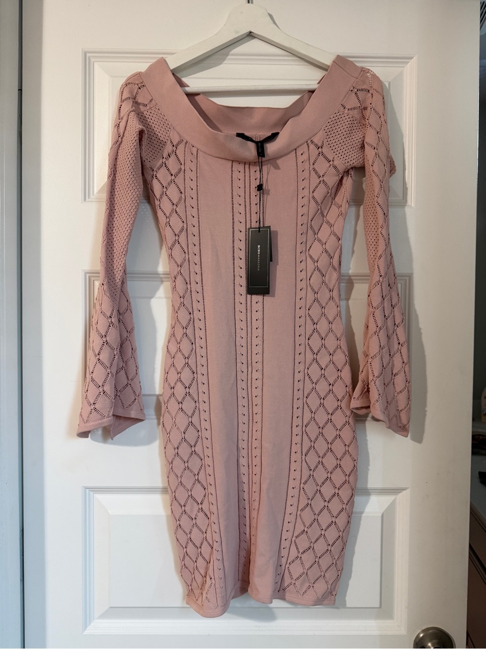 BCBGMaxAzria Blush Pink Off-Shoulder Long Sleeve Knit Dress
